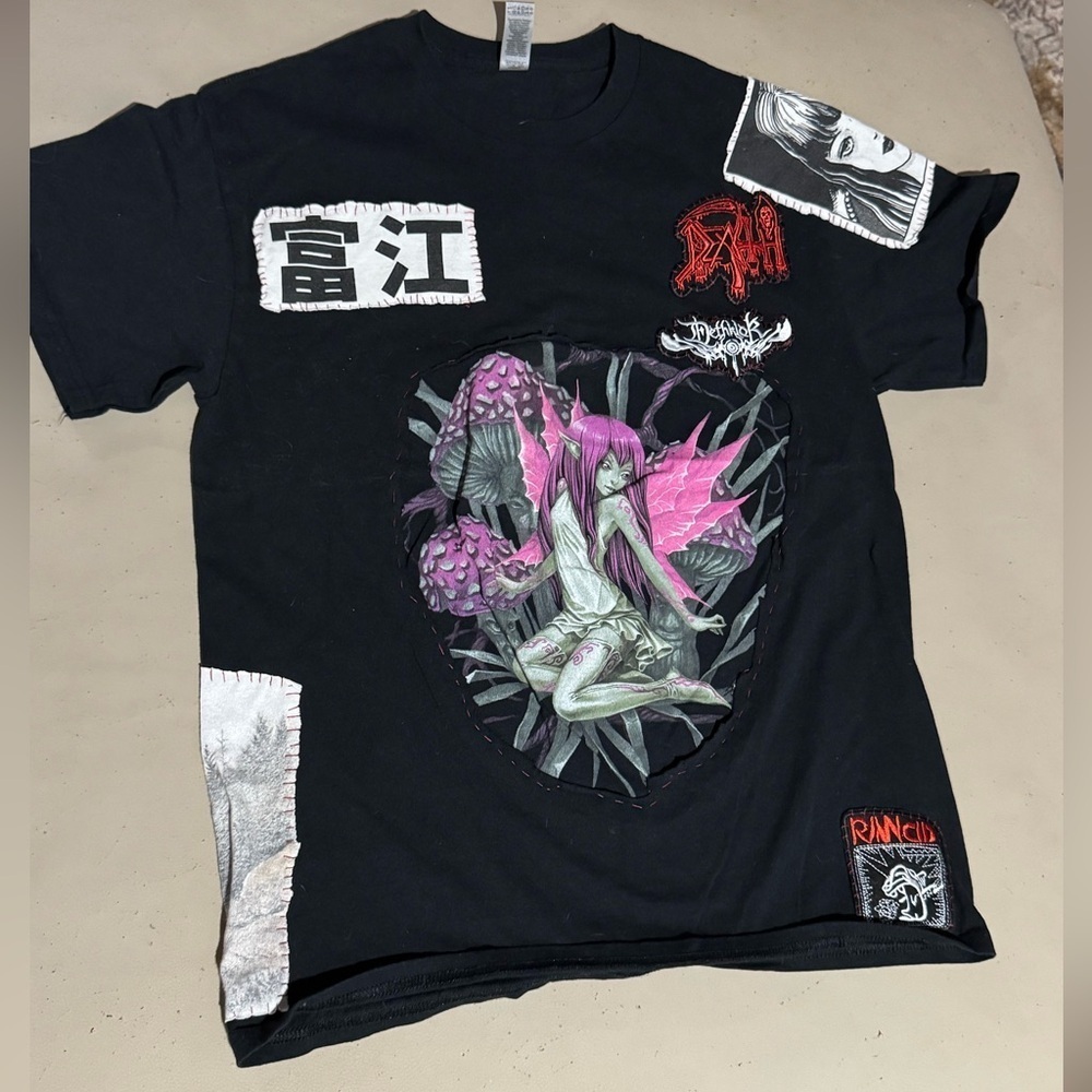 Custom Hand Stitched T-Shirt Sz Med Manga Tomie Graphic Tee, Rancid Band Patches